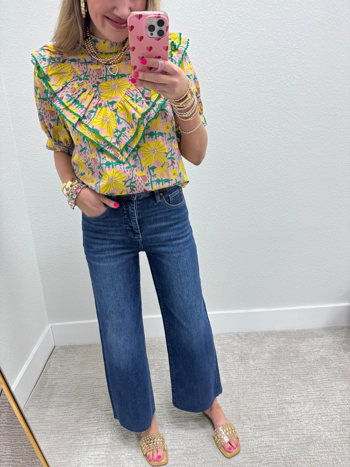 Pink Printed Ruffle Front Top