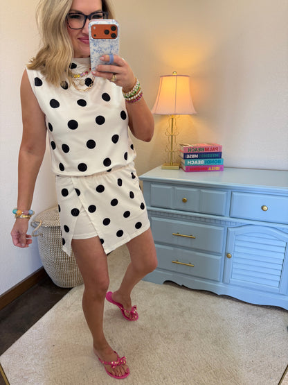 White Ribbed Trim Polka Dot Tank Split Mini Skort Set