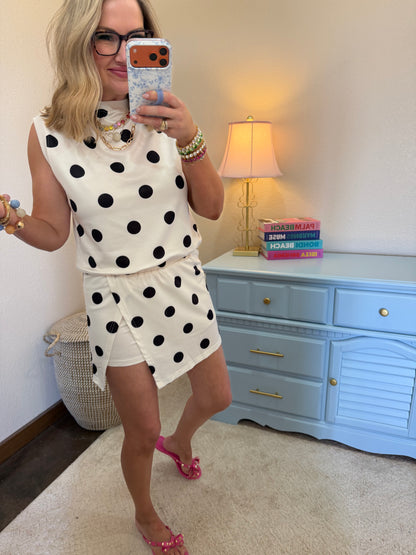 White Ribbed Trim Polka Dot Tank Split Mini Skort Set