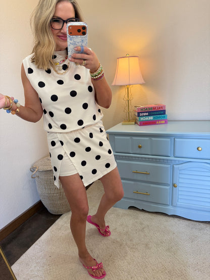 White Ribbed Trim Polka Dot Tank Split Mini Skort Set