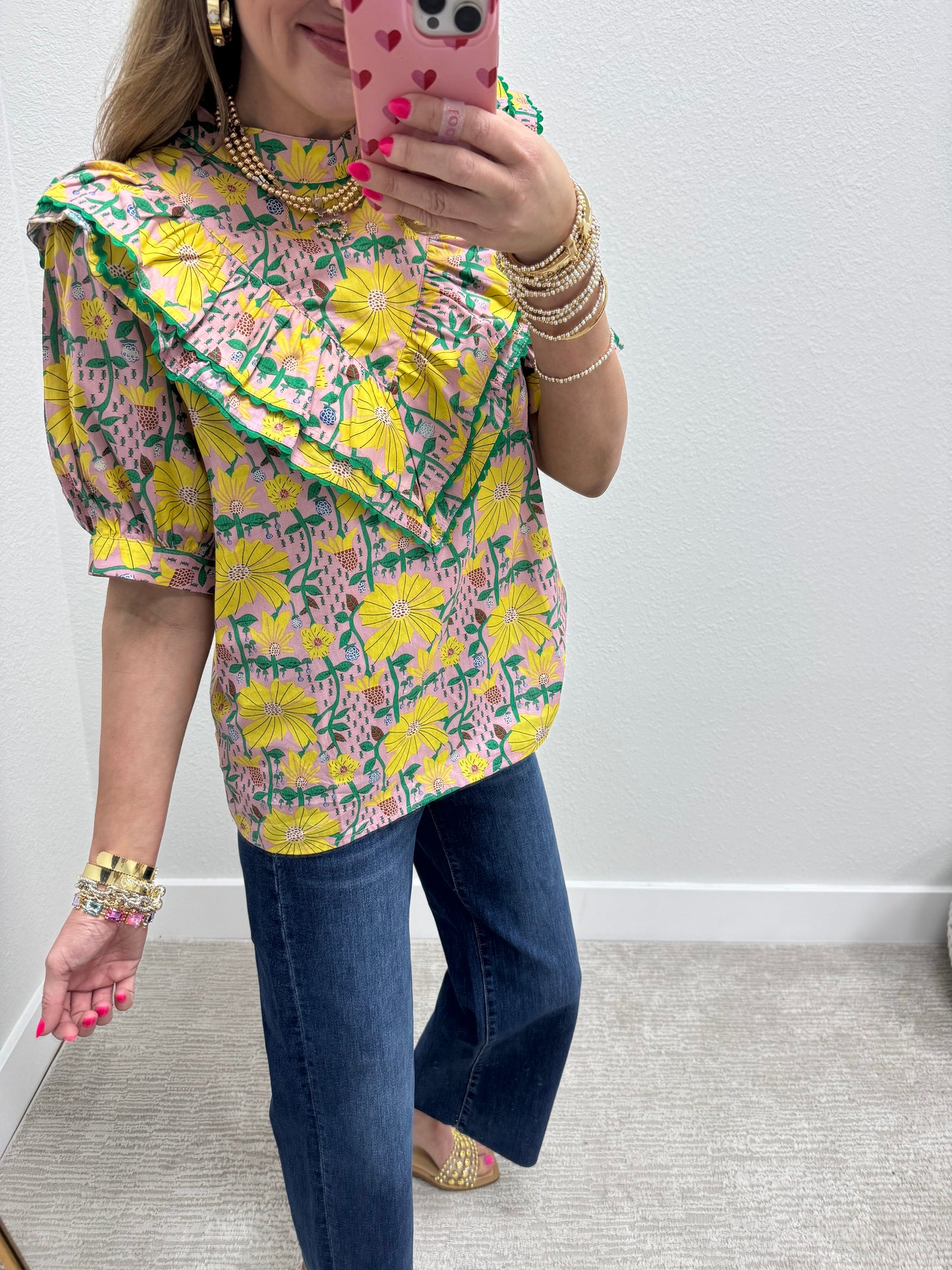 Pink Printed Ruffle Front Top
