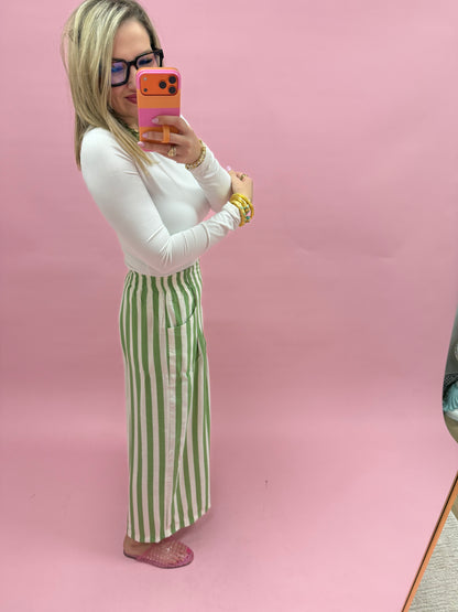 Green Vertical Stripe  Wide Leg Pants