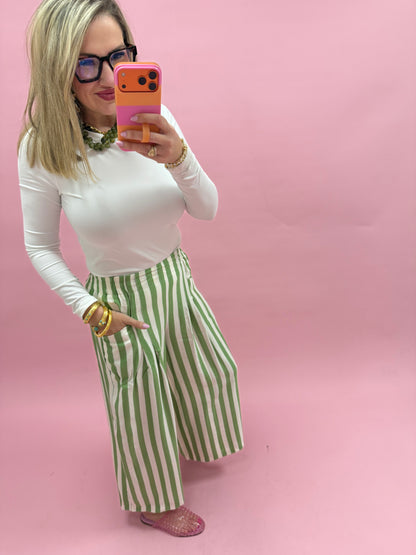Green Vertical Stripe  Wide Leg Pants
