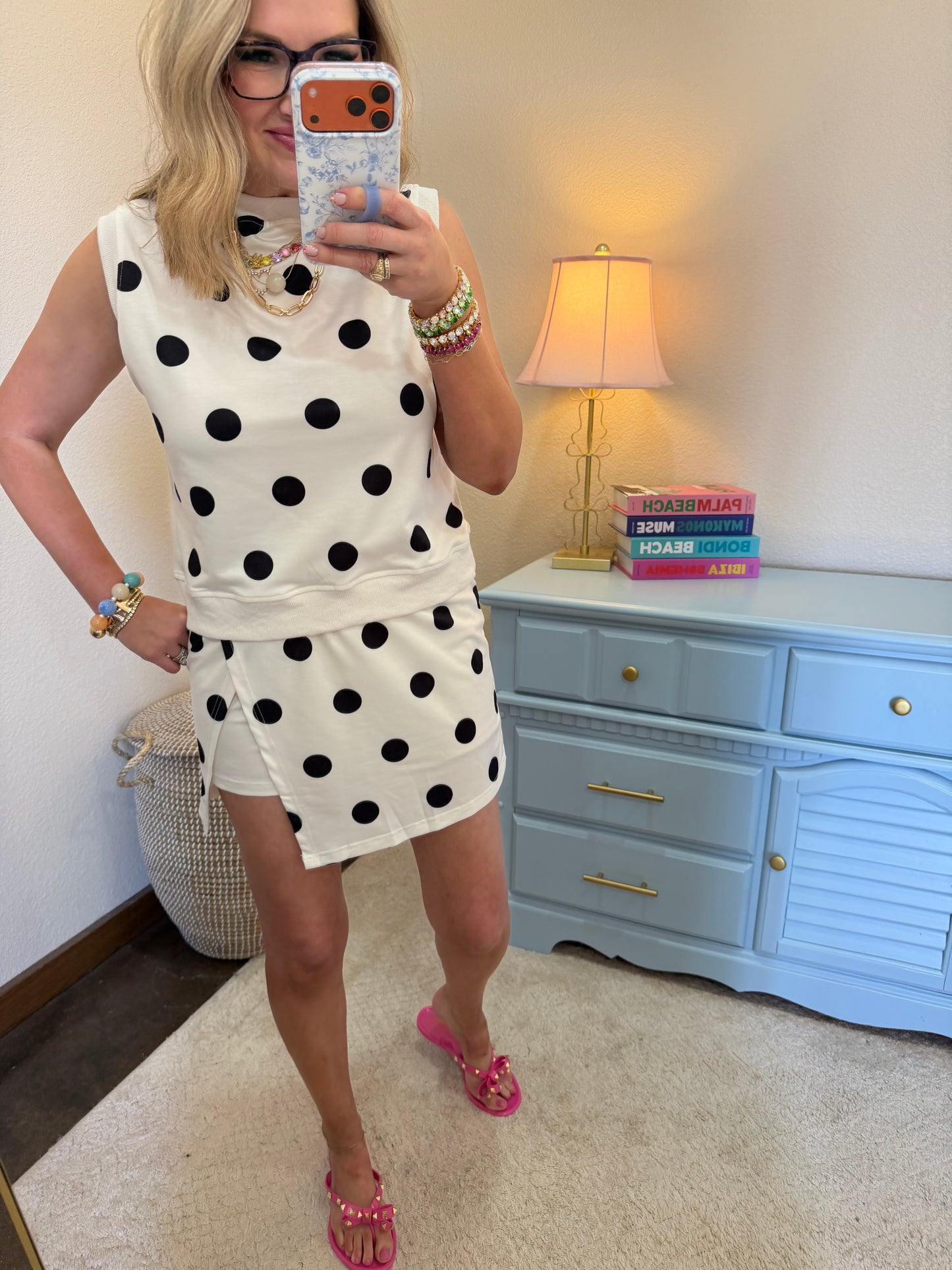 White Ribbed Trim Polka Dot Tank Split Mini Skort Set