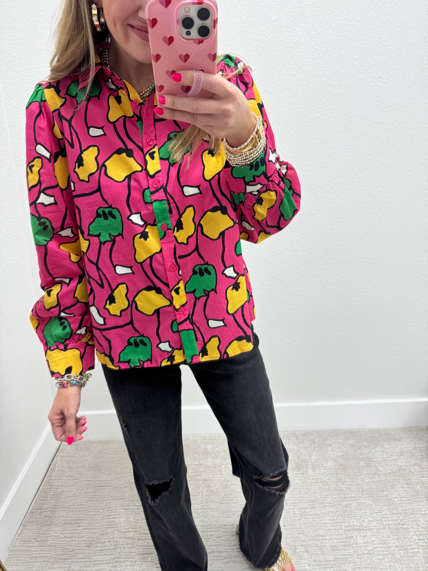 Fuchsia and Green Mix Button Top