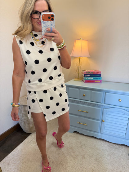White Ribbed Trim Polka Dot Tank Split Mini Skort Set