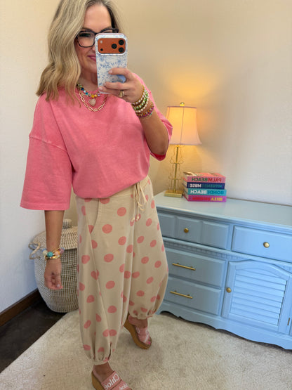 Pink Beige Polka Dot Printed French Terry Balloon Pants