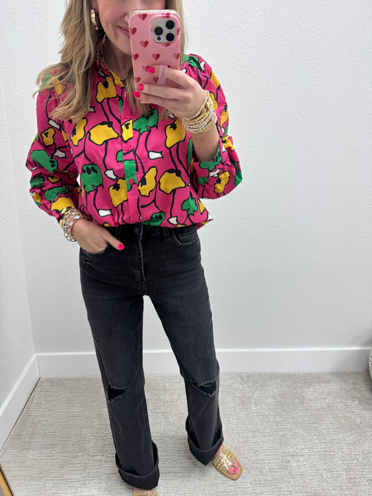 Fuchsia and Green Mix Button Top