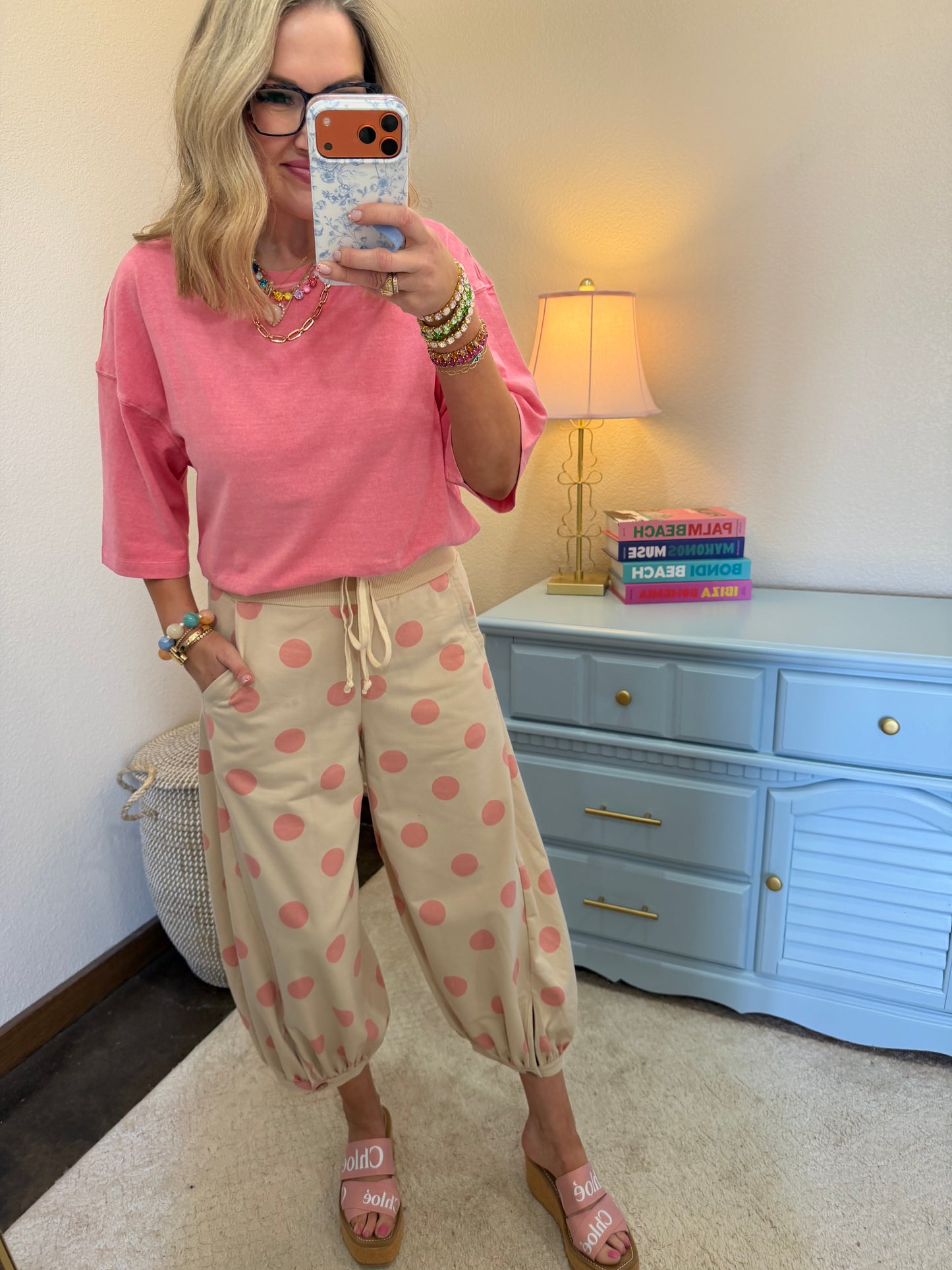 Pink Beige Polka Dot Printed French Terry Balloon Pants