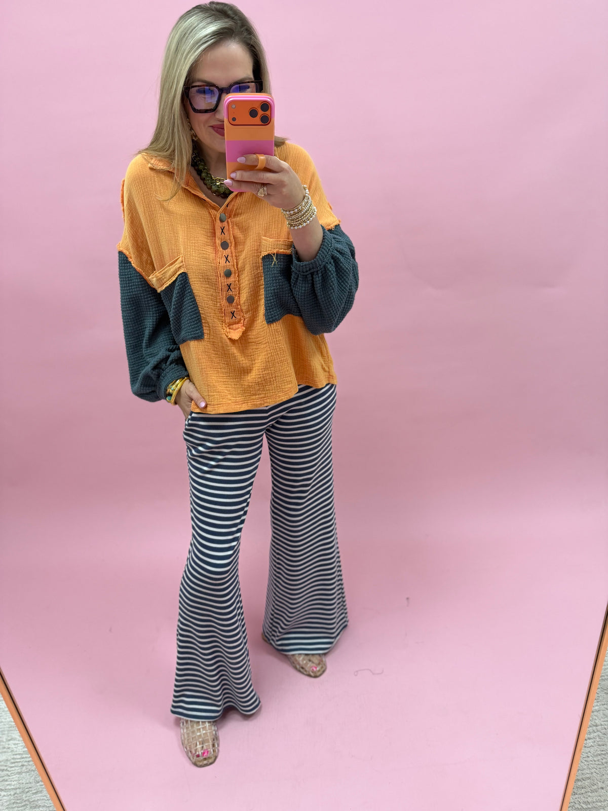 Orange Gauze Grey Detail Button Up Top- Final Sale