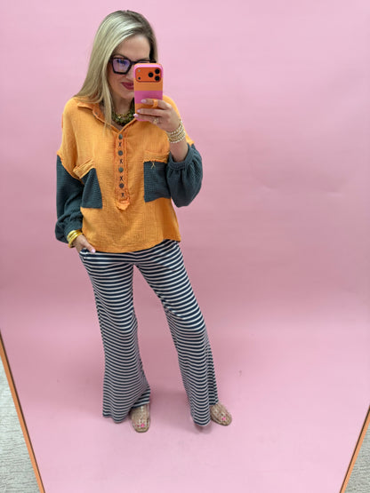 Navy Stripe Low Rise Striped Waffle Knit Pants
