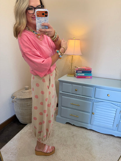 Pink Beige Polka Dot Printed French Terry Balloon Pants