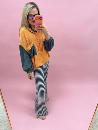 Orange Gauze Grey Detail Button Up Top- Final Sale