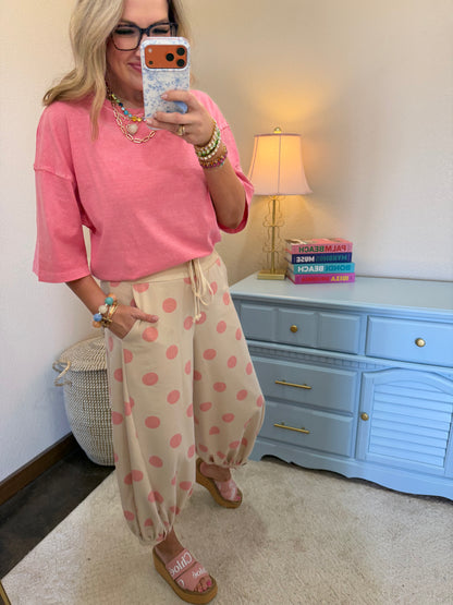Pink Beige Polka Dot Printed French Terry Balloon Pants