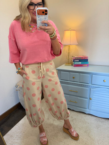 Pink Beige Polka Dot Printed French Terry Balloon Pants