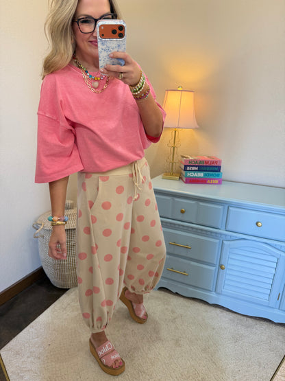 Pink Beige Polka Dot Printed French Terry Balloon Pants