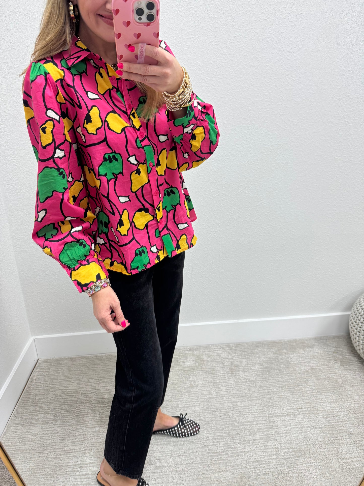 Fuchsia and Green Mix Button Top