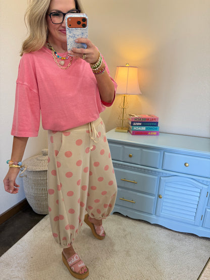 Pink Beige Polka Dot Printed French Terry Balloon Pants