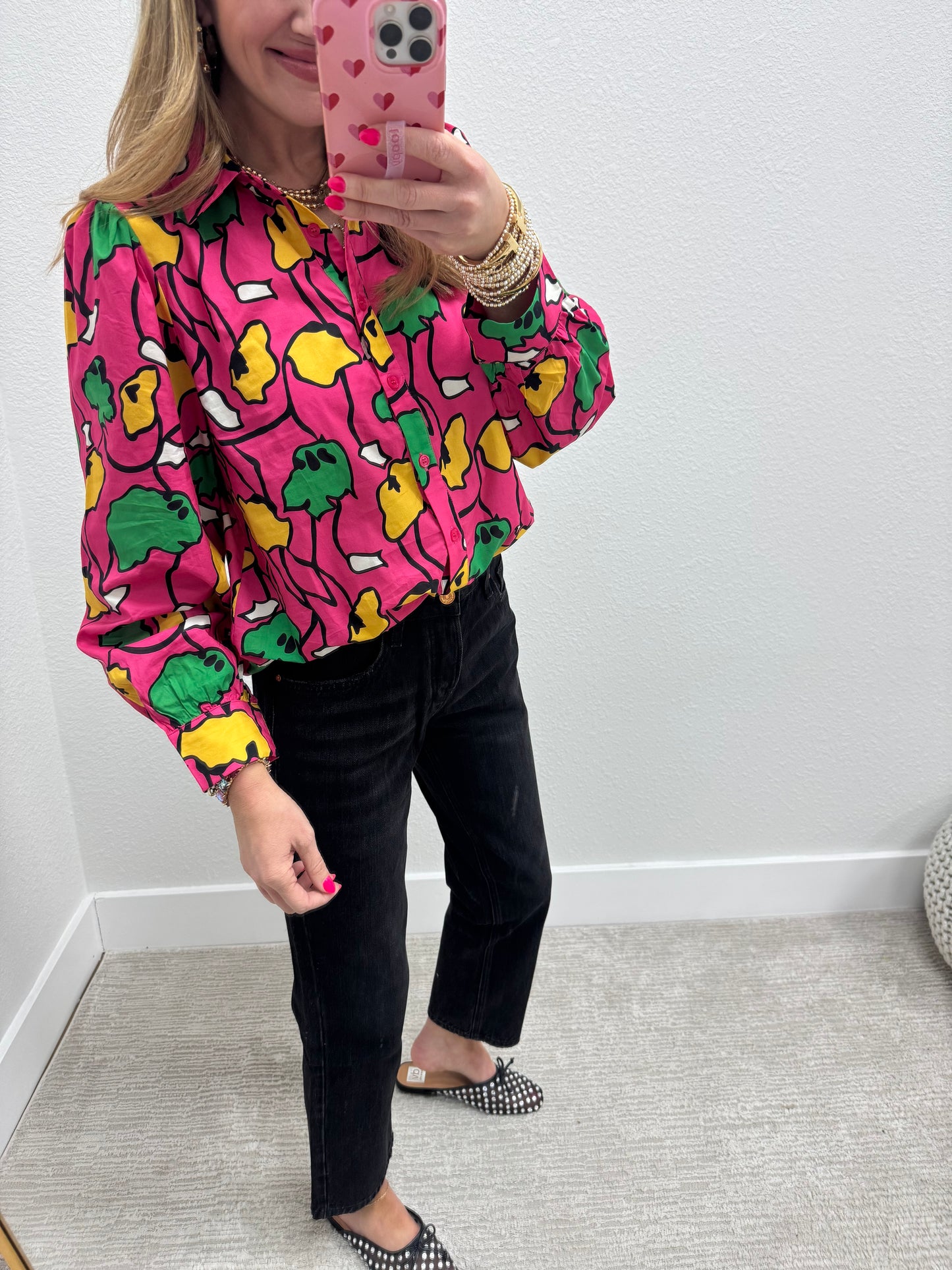 Fuchsia and Green Mix Button Top
