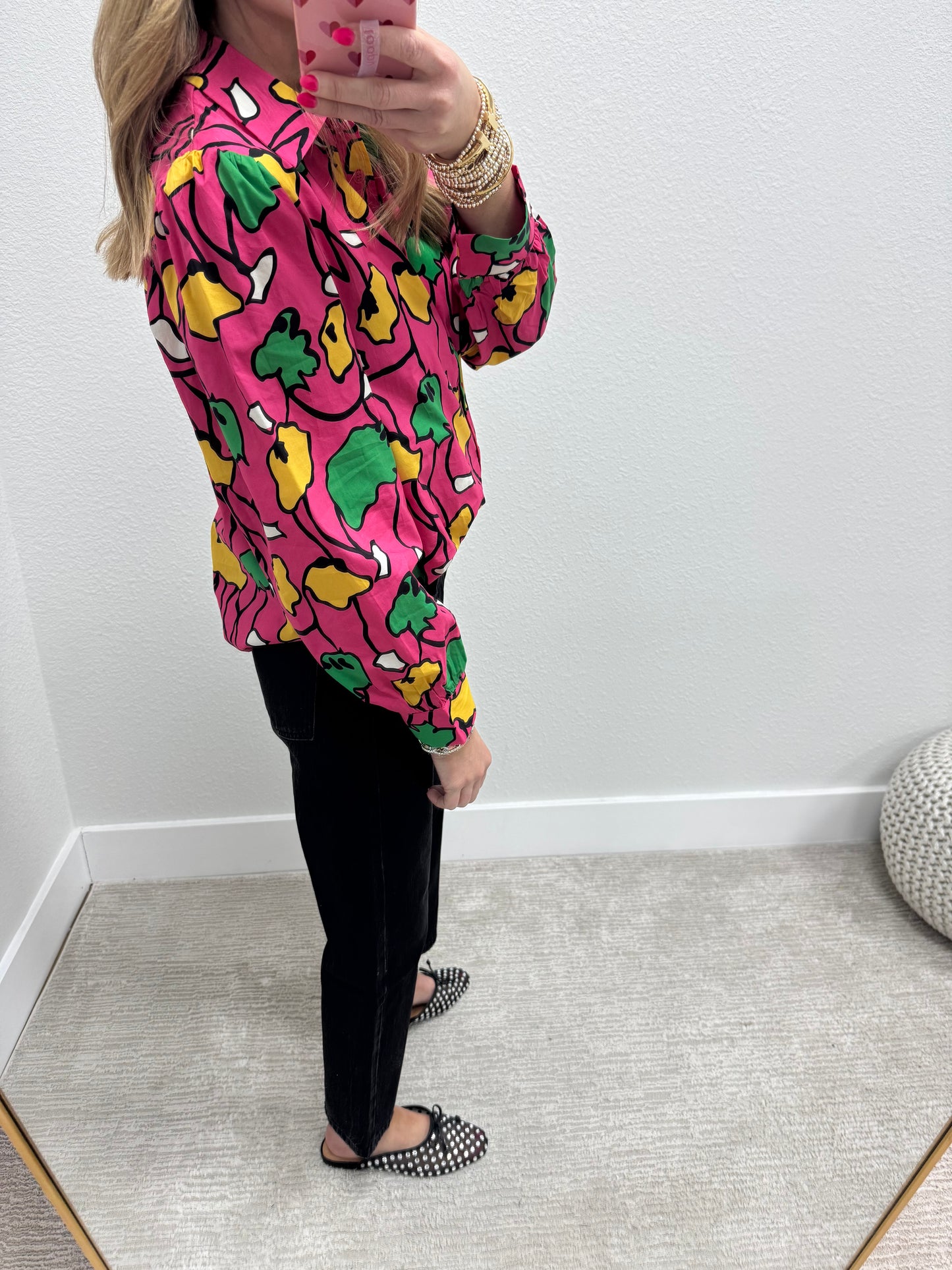 Fuchsia and Green Mix Button Top