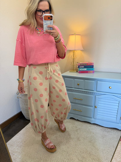 Pink Beige Polka Dot Printed French Terry Balloon Pants