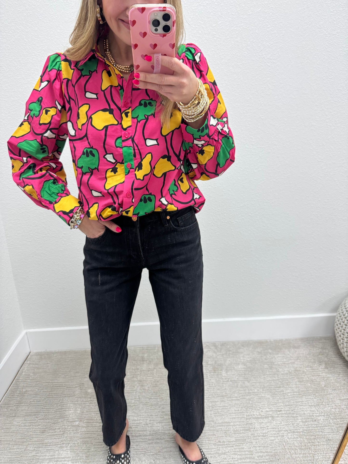 Fuchsia and Green Mix Button Top