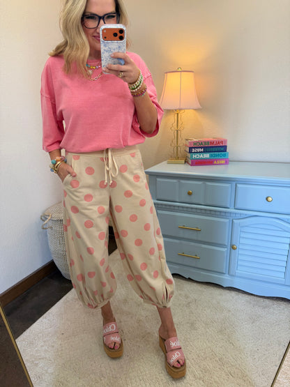 Pink Beige Polka Dot Printed French Terry Balloon Pants