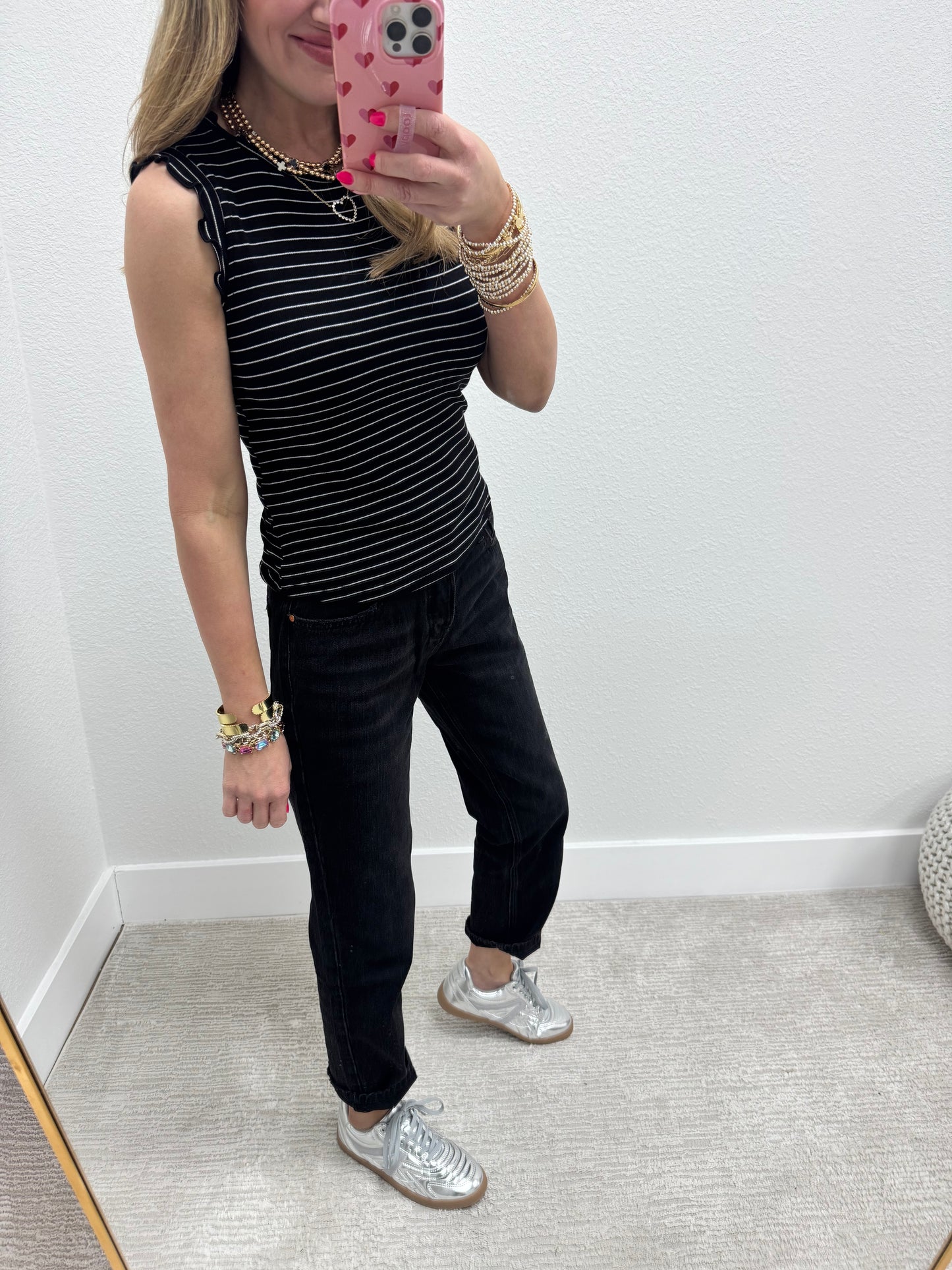 Black and White Ribbed Ruffle Trim Sleeveless Top