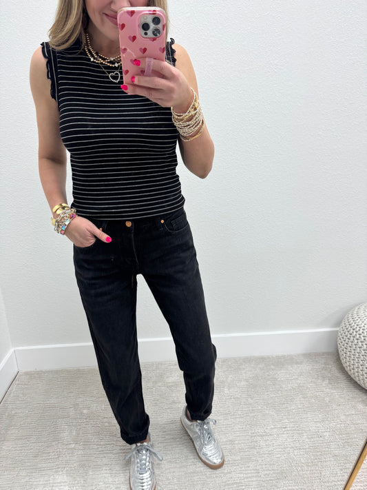 Black and White Ribbed Ruffle Trim Sleeveless Top