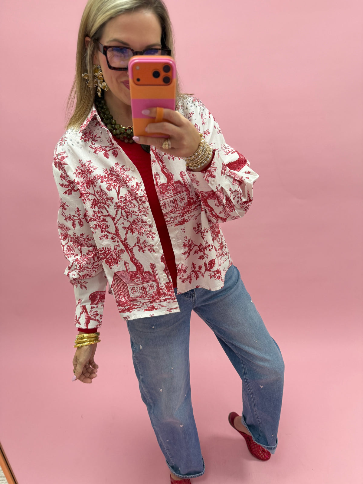 Queen Of Sparkle Red & White Christmas Button Up Top