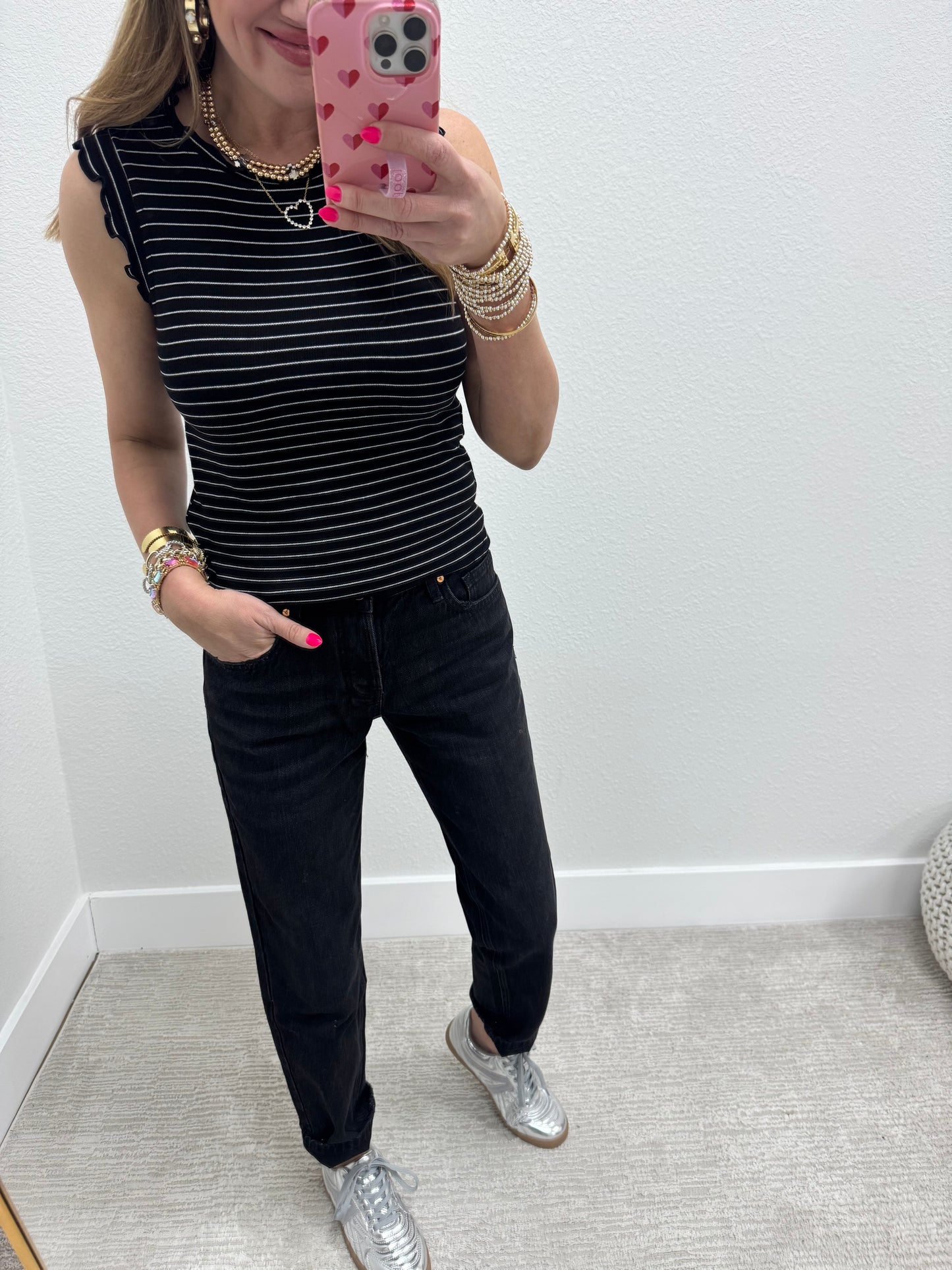 Black and White Ribbed Ruffle Trim Sleeveless Top