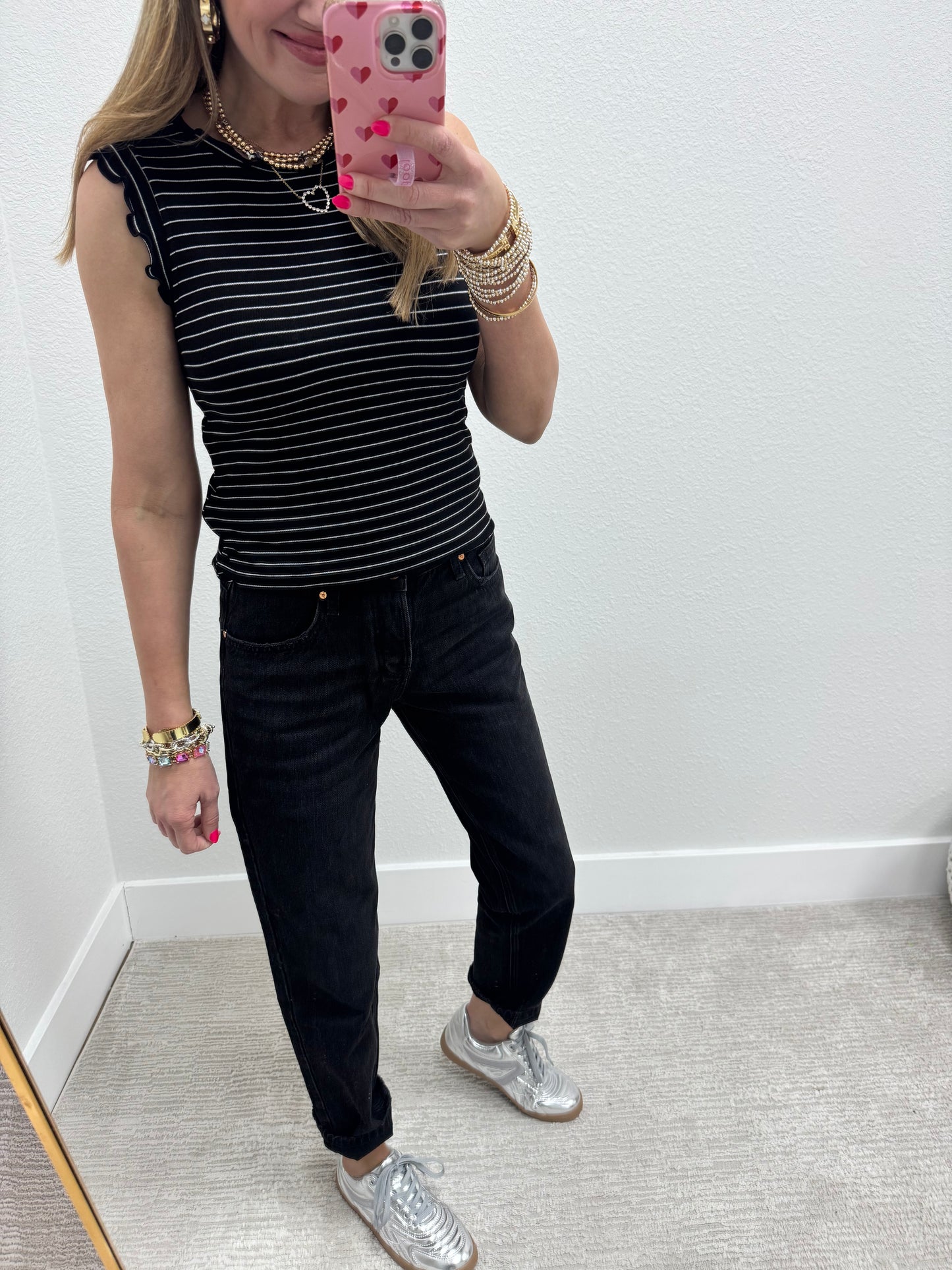 Black and White Ribbed Ruffle Trim Sleeveless Top