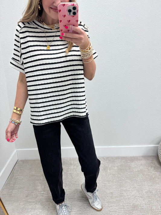 Black Stripe Jacquard Round Neck Box Tee
