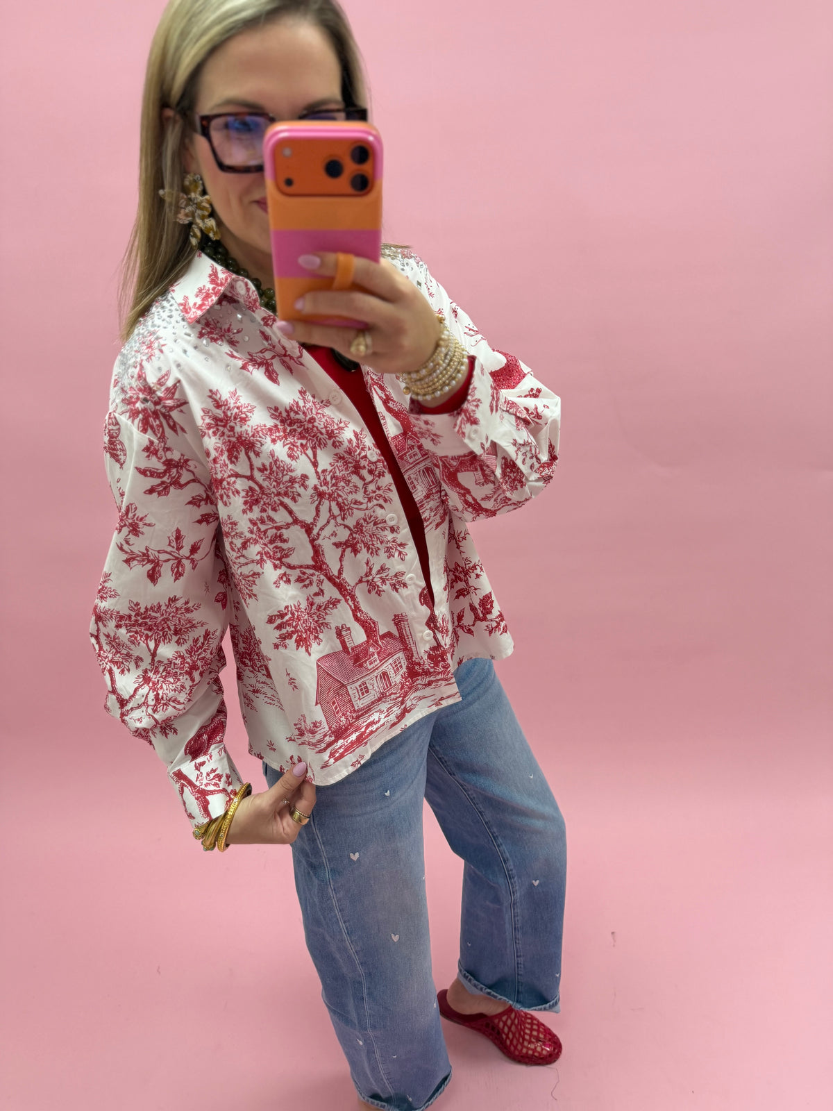Queen Of Sparkle Red & White Christmas Button Up Top
