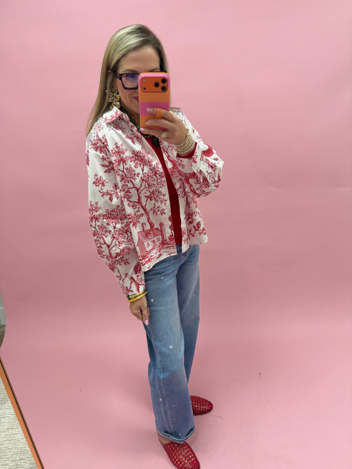 Queen Of Sparkle Red & White Christmas Button Up Top