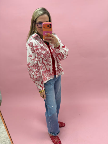 Queen Of Sparkle Red & White Christmas Button Up Top