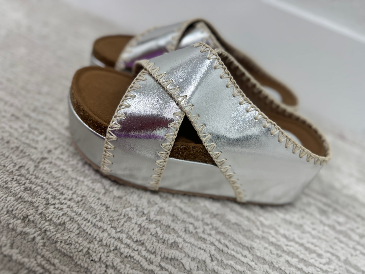 Metallic Silver Stitch Wedge Sandal