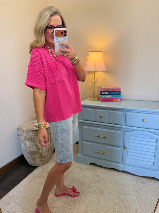 Hot Pink Raised Rib Short Sleeve Front Pocket Top
