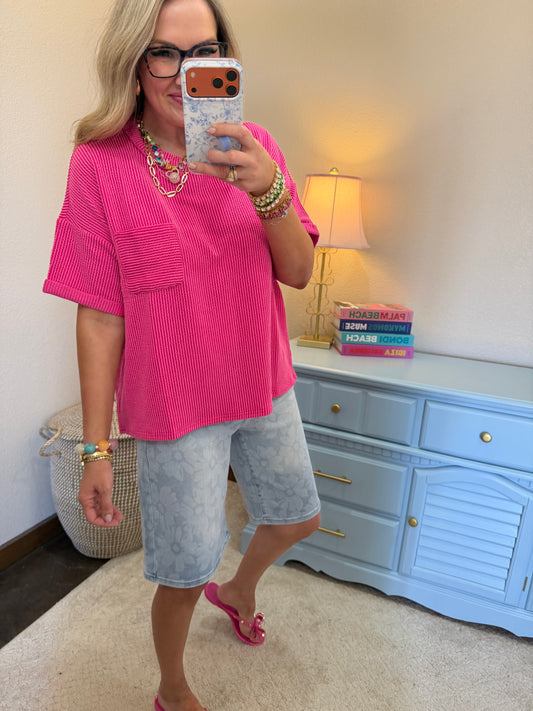 Hot Pink Raised Rib Short Sleeve Front Pocket Top