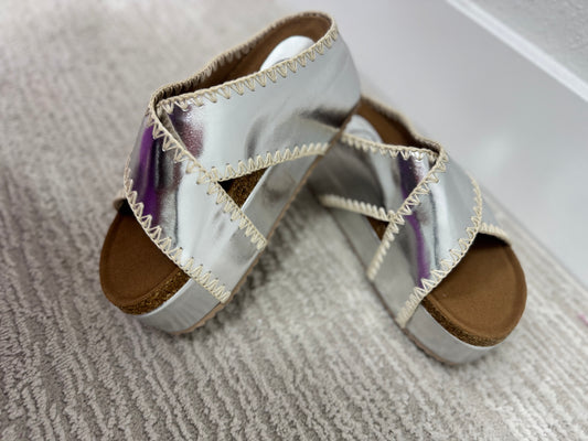 Metallic Silver Stitch Wedge Sandal