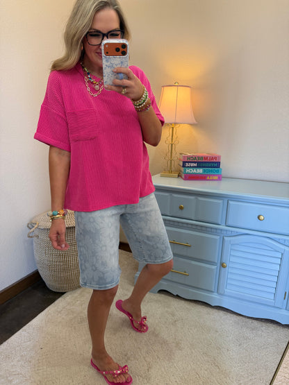 Hot Pink Raised Rib Short Sleeve Front Pocket Top
