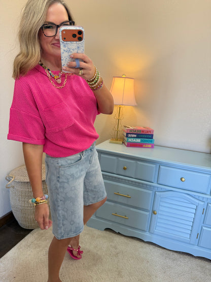 Hot Pink Raised Rib Short Sleeve Front Pocket Top