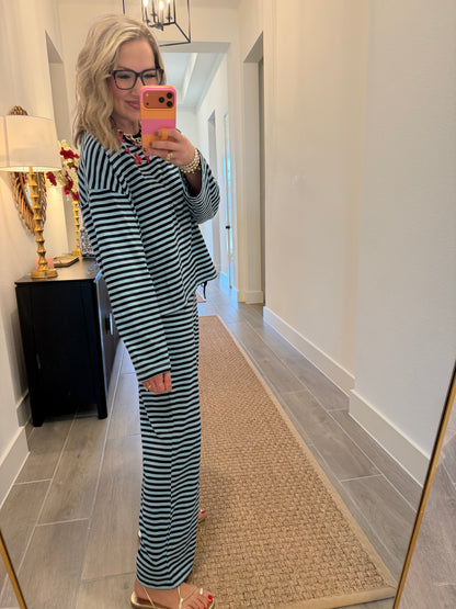 Sky Blue Striped Print Pant Set
