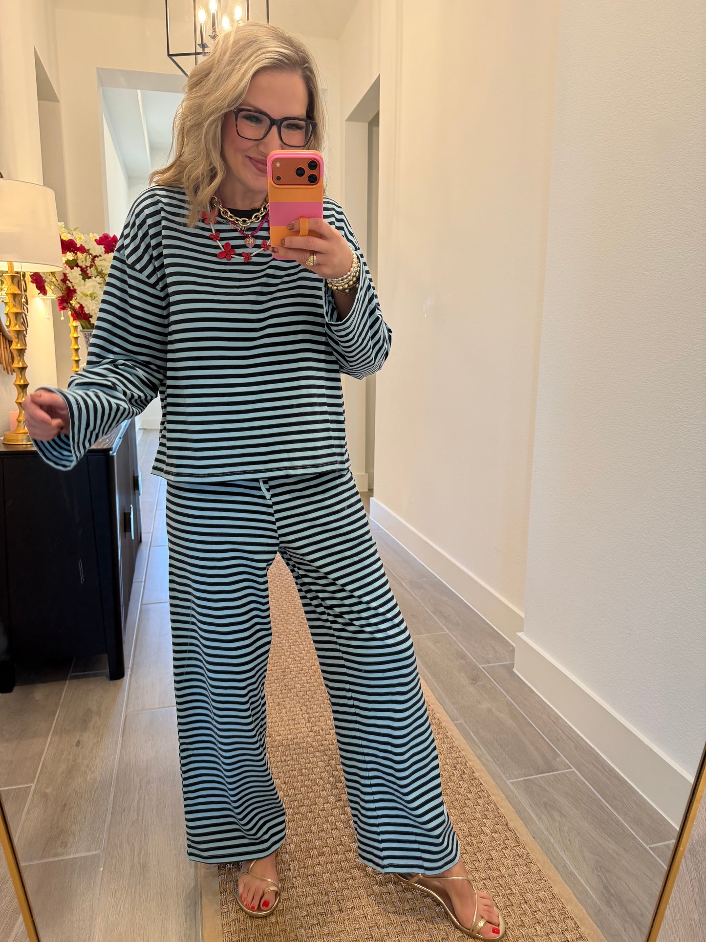 Sky Blue Striped Print Pant Set