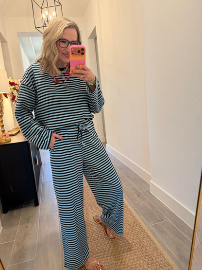 Sky Blue Striped Print Pant Set