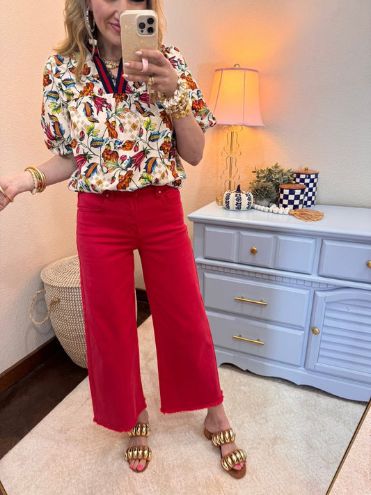 Red Risen Scarlet High Rise Tummy Control Crop Jeans