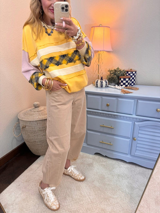 Cream Corn Plaid And Multi Color Washed Terry Pullover
