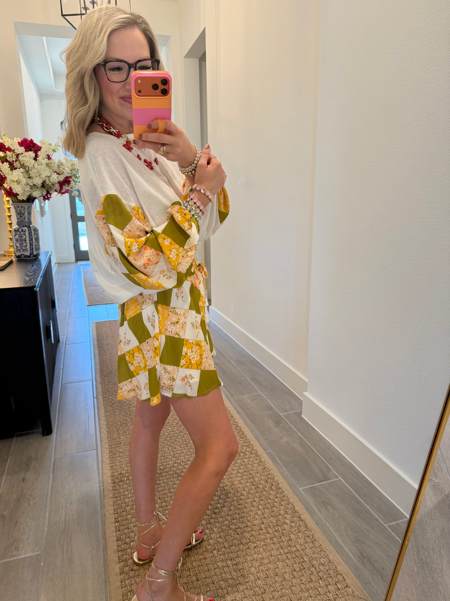 Flower Check Print Short Set