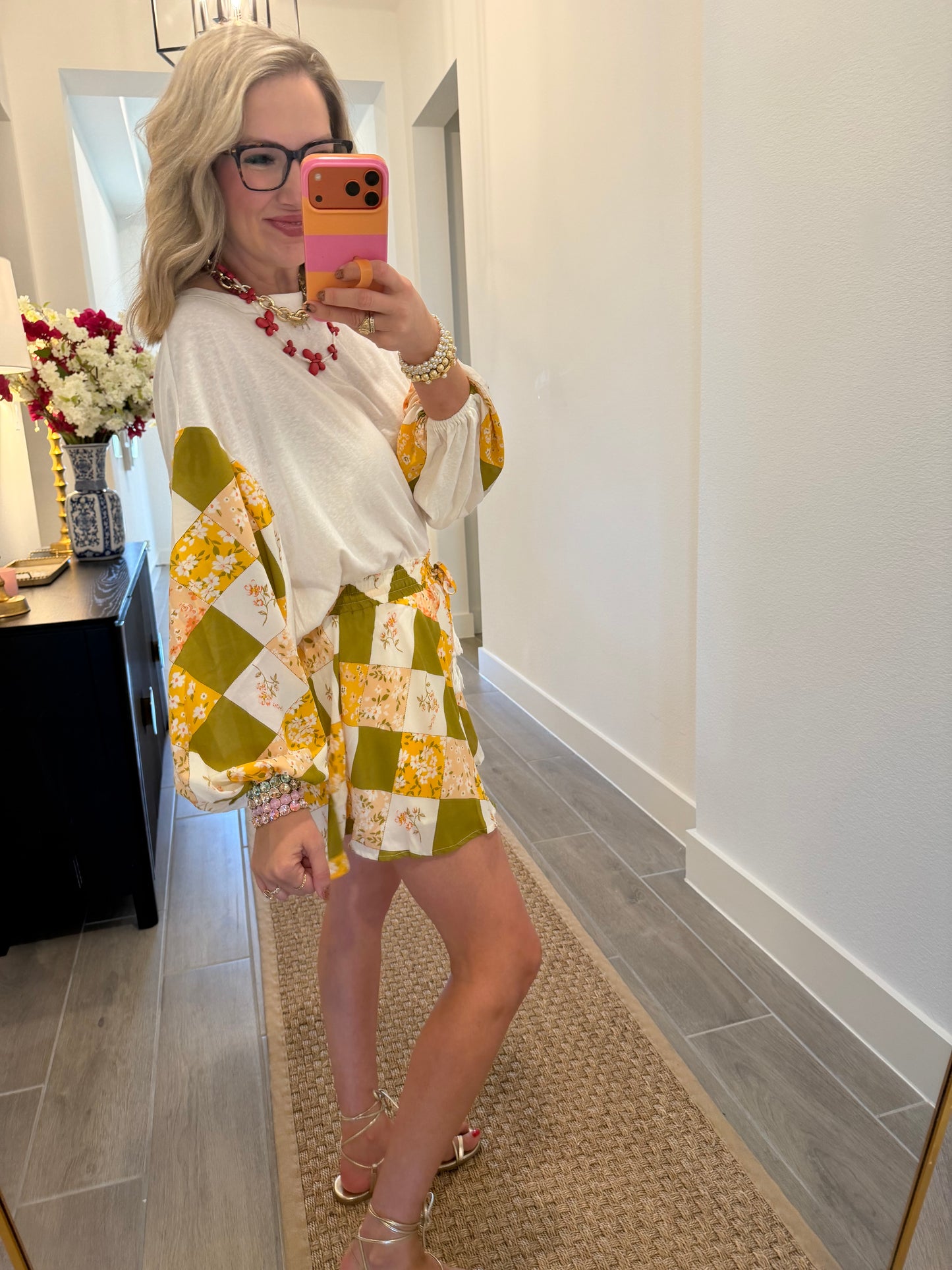 Flower Check Print Short Set