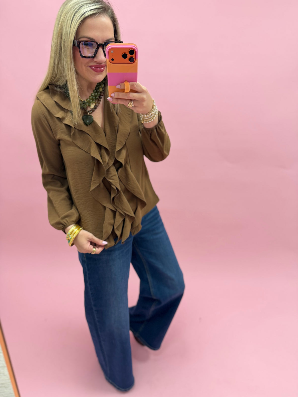 Brown Ruffled V-neck Button-up Blouse